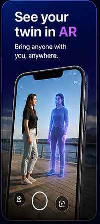 Hey Twin app screen showing an AR twin placed beside someone on a pier